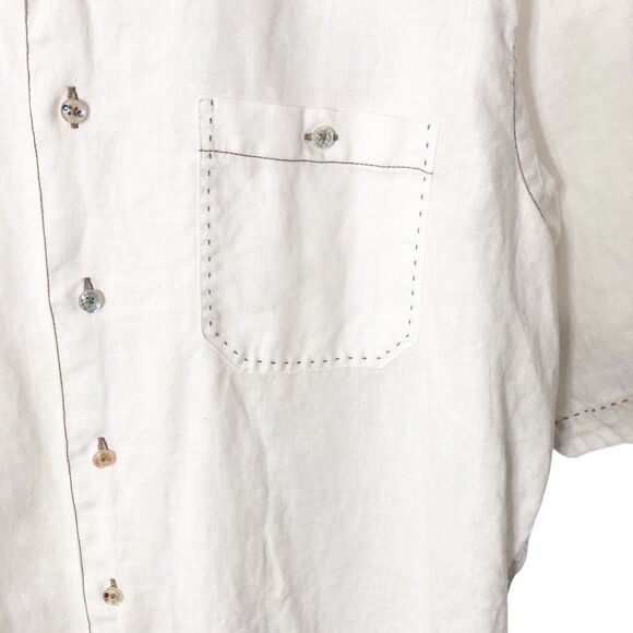 Bugatchi Uomo Shirt Men Large Button Up Linen Short Sleeve White Stitched Detail - Picture 4 of 12